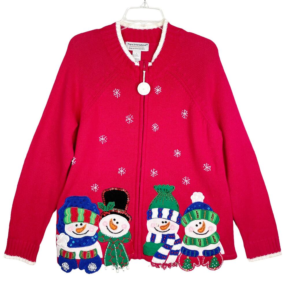 Vintage Tiara International Snowman Christmas Sweater Red Embroidered L